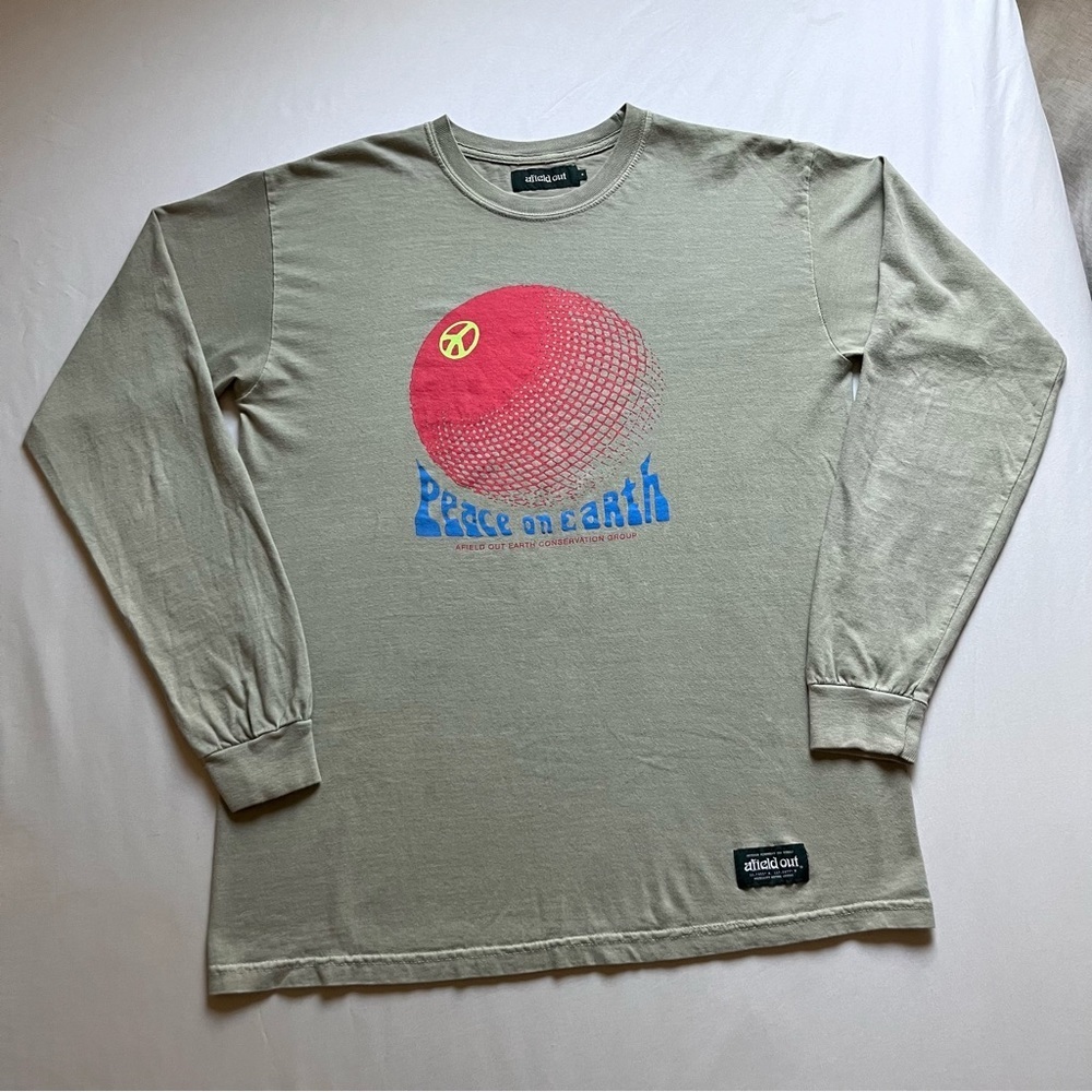 AFIELD OUT tan khaki green crew neck graphic long‎ sleeve knit T-shirt